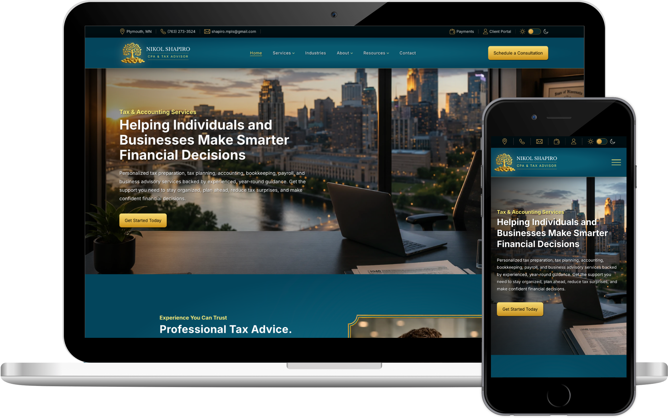Nikol Shapiro CPA website on desktop and mobile